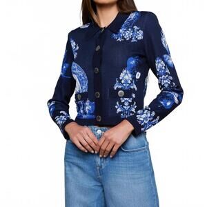 NEW L'AGENCE osiris jacquard cardigan in black blue large porcelain